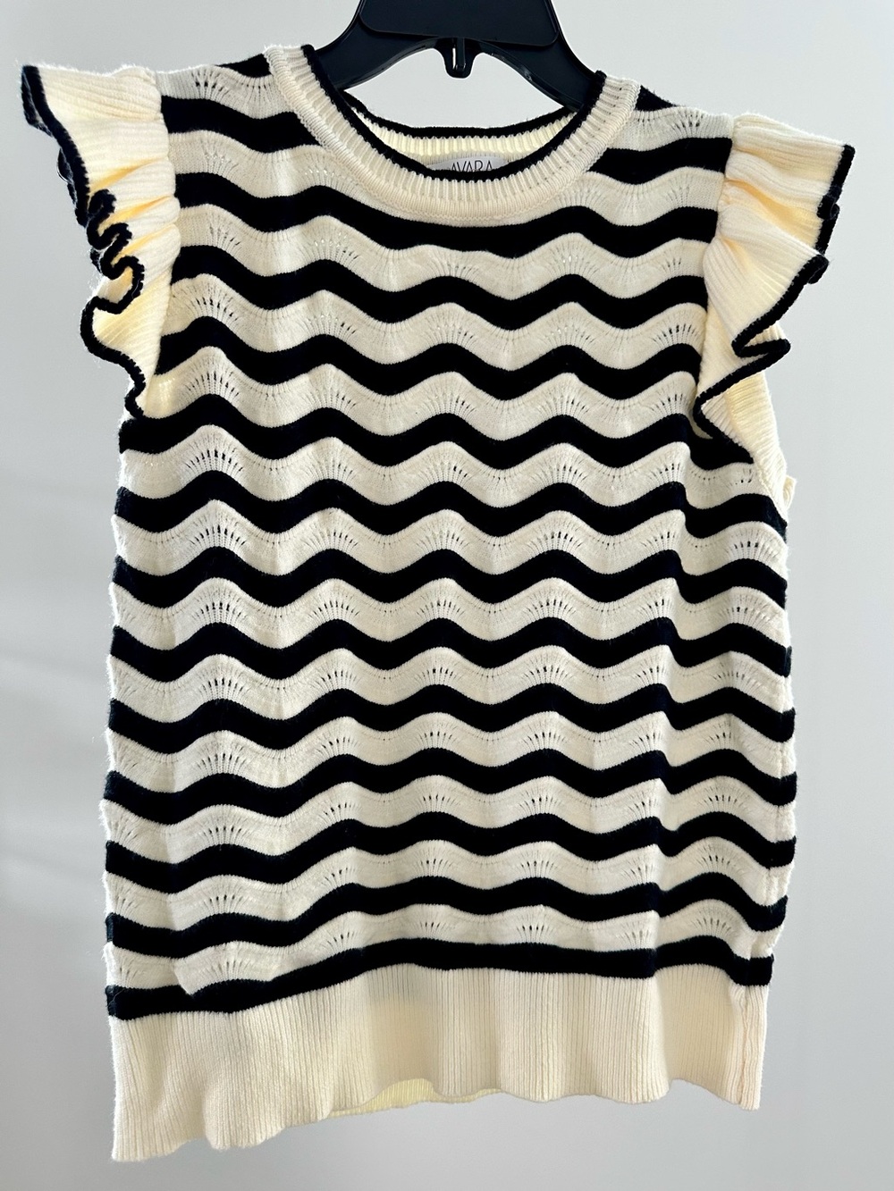 Striped Ruffle Sleeve Knit Top - Black & Cream